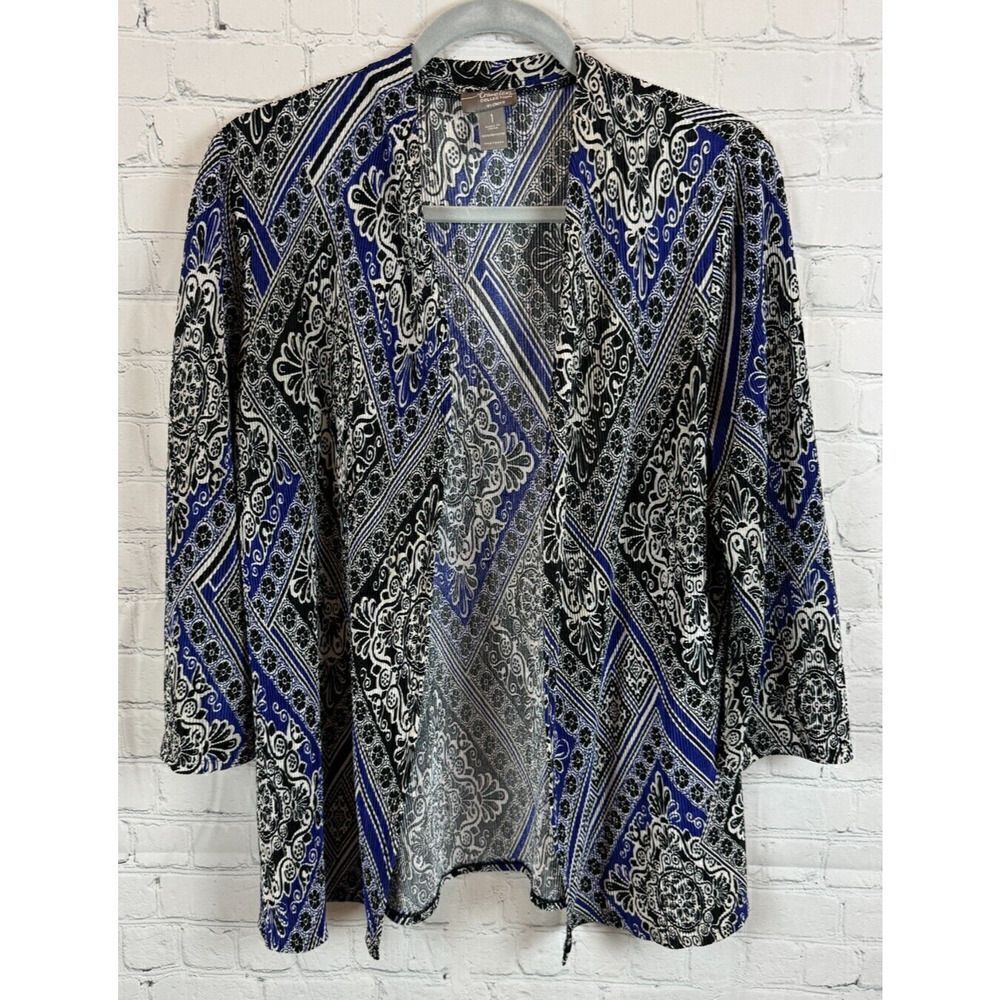 CHICO'S TRAVELERS black blue white gathered knit open front cardigan sweater 1 M